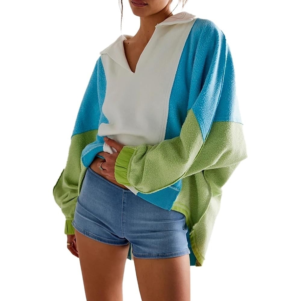 Free People Colorblock Terry Pullover in White, Blue & Green